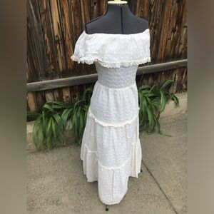 vintage off shoulder white eyelet maxi dress